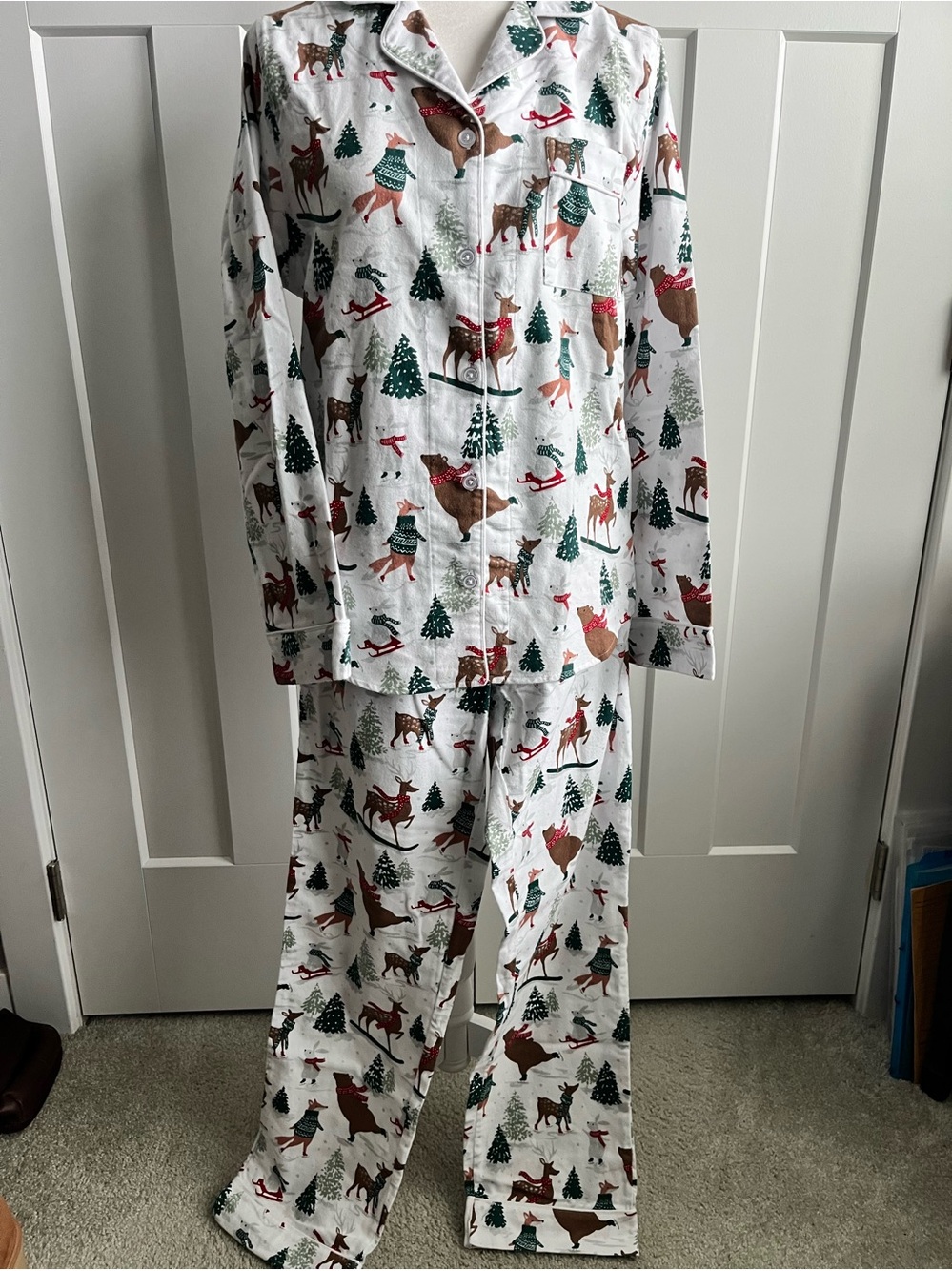 The Company Store White Reindeer & Evergreen Pajama Set Sz XS